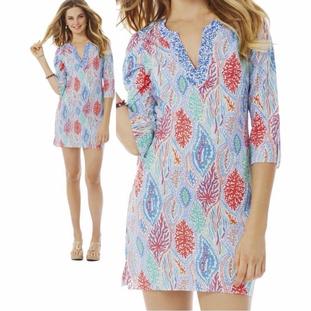 Lilly Pulitzer Blue, Coral & Aqua Printed Swim Coverup Tunic